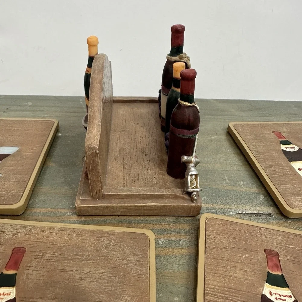 3D Wine Theme Set Of 4 Coasters Resin Holder Grape Vineyard Cork Backing